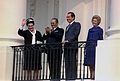 President and Mrs. Broz, President and Mrs. Nixon overlooking arrival ceremony on the South Lawn from the White House.