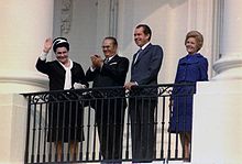 Richard Nixon, Josip Broz Tito and their wives standing on the White House South Balcony