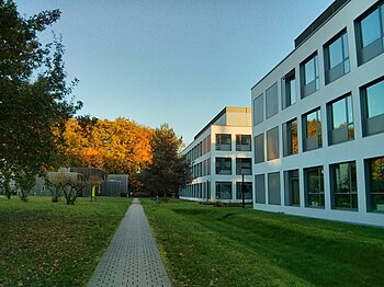 Exterior of Leibniz Institute, showing two buildings.