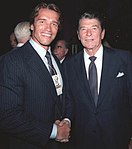 President Reagan having a photo taken with Arnold Schwarzenegger at the Republican National Convention in Dallas, Texas.