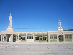 Historic U-Drop Inn, a Conoco fuel station restoration in Art Deco style along U.S. Route 66 in Shamrock