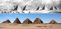 Southern view of the Nuri pyramids in 1821 (top) and in 2020 (bottom)