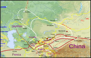 Approximate borders of Türgesh Khaganate (white line).[note 1]