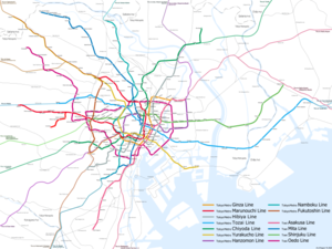 U-Bahn Tokio: Kernnetz (fette Linien) und Anschlussstrecken (dünne Linien)