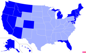 States in the United States by non-Christian (e.g. Non-religious, Jewish, Muslim, Hindu, Buddhist) population according to the Pew Research Center 2014 Religious Landscape Survey.[232] States with non-Christian populations greater than the United States as a whole are in full blue.