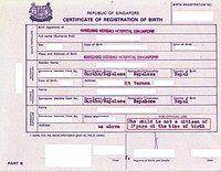 An undated Singapore certificate of registration of birth, indicating the child was not a citizen of Singapore at birth