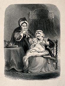 Wood engraving of a woman holding a child while another woman touches it tenderly