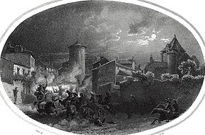 Black and white print shows a town at night with horses and men galloping and falling.