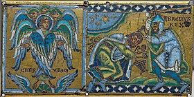The right panel shows Emperor Heraclius, in armor, holding a sword and preparing to strike the submissive Khosrow. The left panel shows a cherub with palms open.