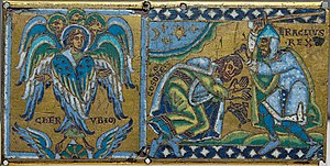 Medieval style portrait of Cherub and Heraclius receiving the submission of Khosrow II; plaque from a cross (Champlevé enamel over gilt copper).