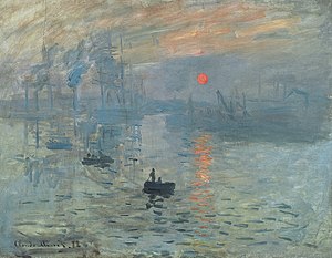 The 1872 painting "Impression, Sunrise" by Impressionist artist Claude Monet.