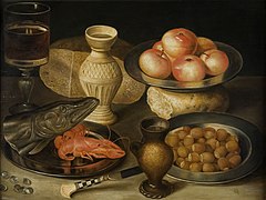 Still Life with Bread, Haselnuts, Seafood and Apples