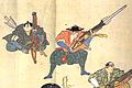 An Edo period wood block print showing samurai gunners using hiya zutsu (fire arrow guns) to fire bo-hiya