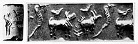 A rare Indus Valley civilization cylinder seal composed of two animals with a tree or bush in front. Such cylinder seals are indicative of contacts with Mesopotamia.[110]