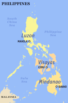 Map of the Philippines, showing the traditional island groups of Luzon, the Visayas, and Mindanao.