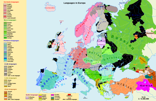 color-coded map of languages used throughout Europe
