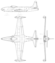 3-view silhouette drawing of the Lockheed F-80C Shooting Star
