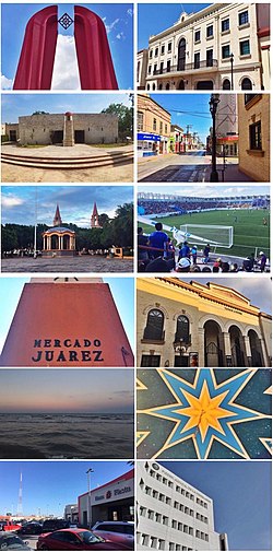 Above, from left to right: Great Gate of Mexico, Municipal Palace, Fort Casa Mata Historical Museum, Sixth Avenue, Main Square, El Hogar Stadium, Juárez Market, Reforma Theater, Bagdad Beach, Kiosk in Plaza Principal, Plaza Fiesta, and the building of the Judicial Power of the Federation.