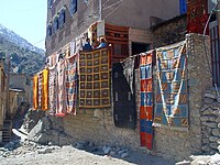 Drying carpets at a Berber village factory in Ourika Valley.