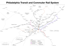 Rail lines converge to Center City Philadelphia in a hub-and-spoke model