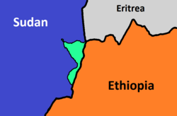 The Al Fashaga triangle (light green), near the tripoint of the borders of Sudan (blue), Ethiopia (orange), and Eritrea (grey)