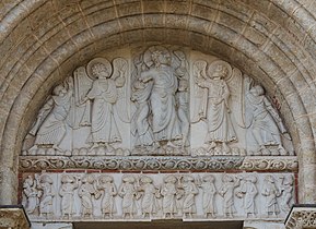 The tympanum of the side entrance of Saint-Sernin of Toulouse, (c. 1115) shows the Ascension of Christ, surrounded by angels, in a simple composition of standing figures.