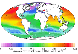 Annual mean apparent oxygen utilization at 1000 m depth (WOA 2009)