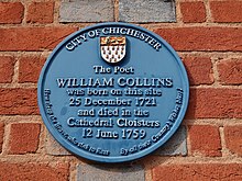 Blue Plaque on the wall of 21 East Street, Chichester PO19 1HP (a branch of the Halifax Bank in August 2022), commemorating William Collin's birth in an earlier building on the site and his death in the Cathedral Cloisters.