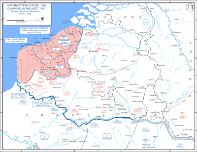 The operating area of the Belgian, British, and French field armies and Army groups are shown in blue. The German field armies and Corps are shown in red. The red area denotes the territory captured by Germany between 21 May–4 June 1940.