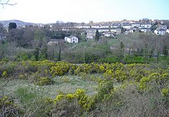Landscape of Abersychan showing housing and chapel with mountain in the background