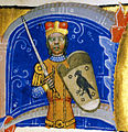 Árpád, Grand Prince of the Hungarians stands with a Turul shield (Chronicon Pictum, 1358)