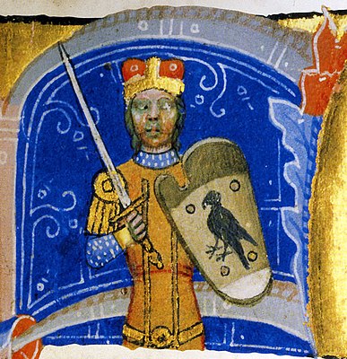 Chronicon Pictum, Hungarian, Árpád, Grand Prince of the Hungarians, shield, Turul, bird, sword, medieval, chronicle, book, illumination, illustration, history