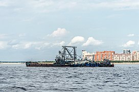 Dredge ship with barges on Neva bay in Saint Petersburg, Russia