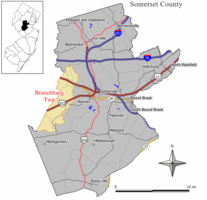 Location of Branchburg Township in Somerset County highlighted in yellow (right). Inset map: Location of Somerset County in New Jersey highlighted in black (left).