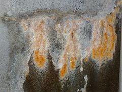 Calthemite flowstone on concrete wall, colored by iron oxide deposited with the CaCO3. A sign of concrete degradation.