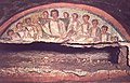 Christ teaching the Apostles, repeating pagan scenes of philosophers with their pupils, Catacombs of Domitilla, Rome