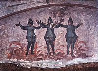 Wall painting from the early Christian Catacomb of Priscilla in Rome, 3rd/4th century AD, showing three figures in a fire above whom flies a dove with a branch in its beak
