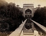 Samuel Bourne, "Gate of the Taj. Bagh View. Agra. 1014," 1863–1869, photograph mounted on cardboard sheet