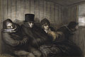 Vier Menschen im Zugabteil, zwei schlafend einer dösend, jeder in einer Welt für sich. Honoré Daumier („The Second Class Carriage“, 1864)