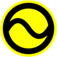 A black tilde inside a black circle, over a yellow background