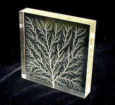 High-voltage breakdown within a 4 in (100 mm) block of acrylic glass creates a fractal Lichtenberg figure