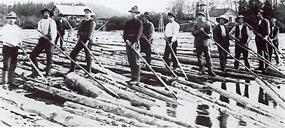 A workforce of log drivers ("Loggers") transporting timber on Klarälven, near Forshaga in 1918.