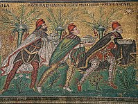 The Three Magi, Byzantine mosaic, c. 565 AD, Basilica of Sant'Apollinare Nuovo, Ravenna, Italy. Balthazar is depicted on the left