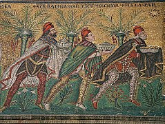 In the Byzantine Empire, Phrygia lay in Anatolia to the east of Constantinople, however, in this late 6th-century mosaic from the Basilica of Sant'Apollinare Nuovo, Ravenna, Italy, which was erected by the Ostrogothic king Theodoric the Great as his palace chapel, during the first quarter of the 6th century (as attested to in the Liber Pontificalis). This Arian church was originally dedicated in 504 AD to "Christ the Redeemer"(which was part of the Eastern Empire at that time), the Three Magi wear Phrygian caps as their Getic forefathers did, in order to identify them as generic "Zoroastrians".