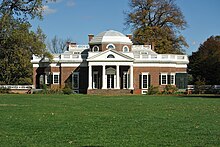 A colour photograph of the front of Monticello.
