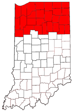 Map of counties in Indiana. Those highlighted in red are part of Northern Indiana.