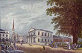 Um 1850. Blick vom heutigen Paradeplatz auf den Posthof und das Fraumünster, rechts die Tiefenhoflinde