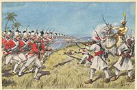 an art depicting a war between two horse troops