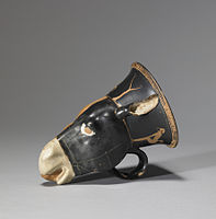 Pottery rhyton, decorated with red-figure satyrs cavorting, c. 450 BC