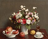 Still Life with Flowers, Fruits, Wineglass and a Tea Cup (1865)